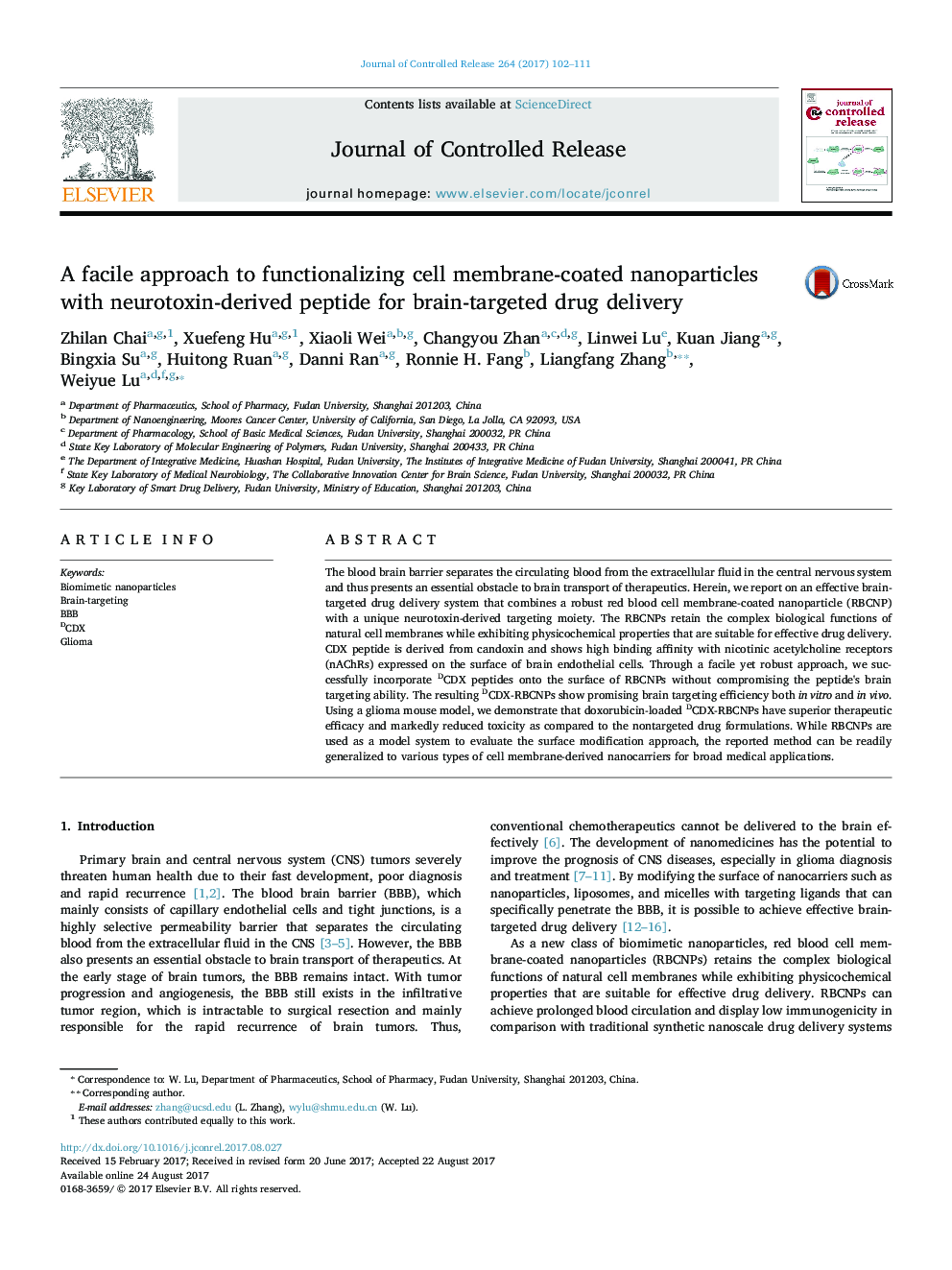 A facile approach to functionalizing cell membrane-coated nanoparticles with neurotoxin-derived peptide for brain-targeted drug delivery