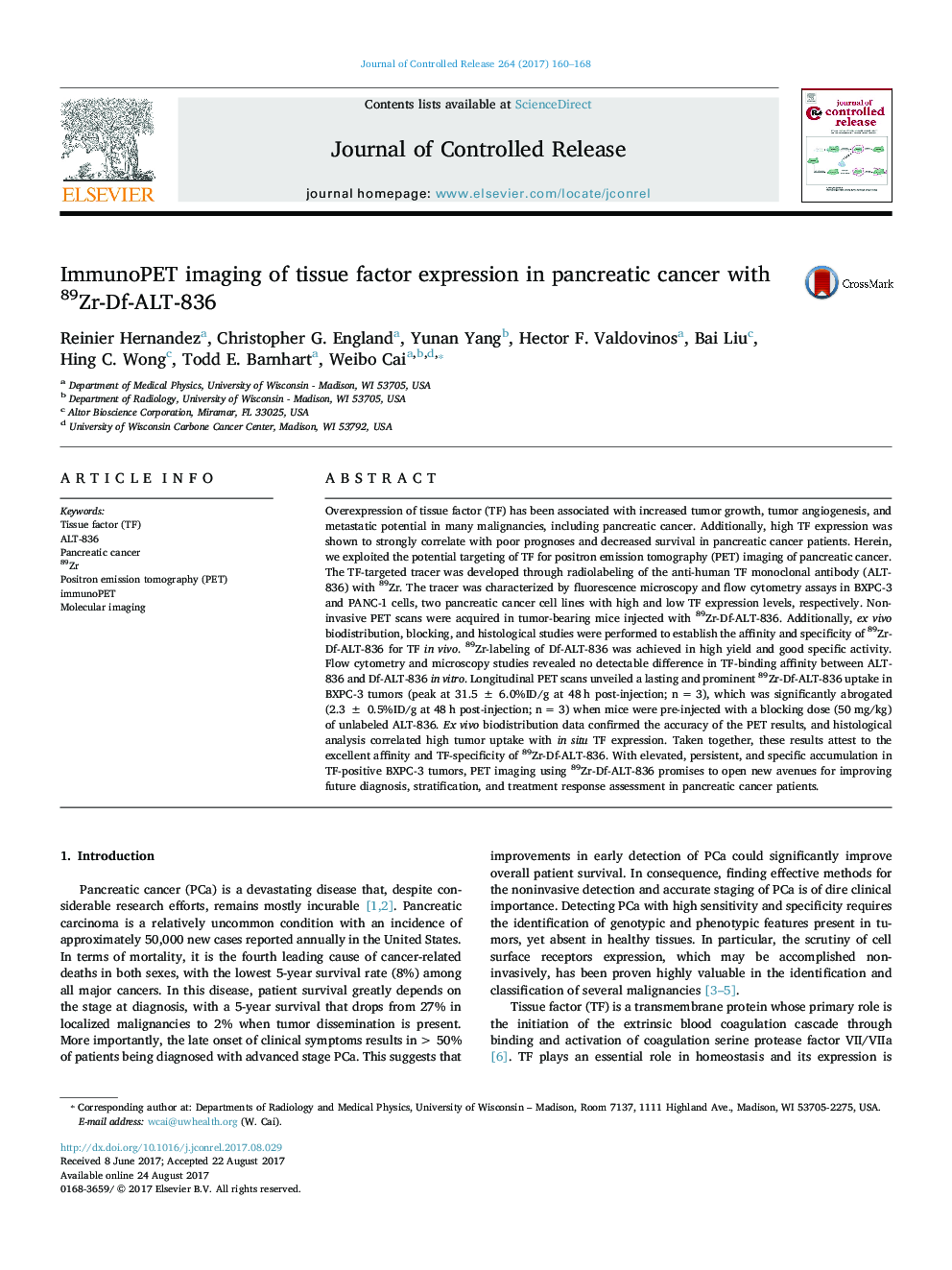 ImmunoPET imaging of tissue factor expression in pancreatic cancer with 89Zr-Df-ALT-836