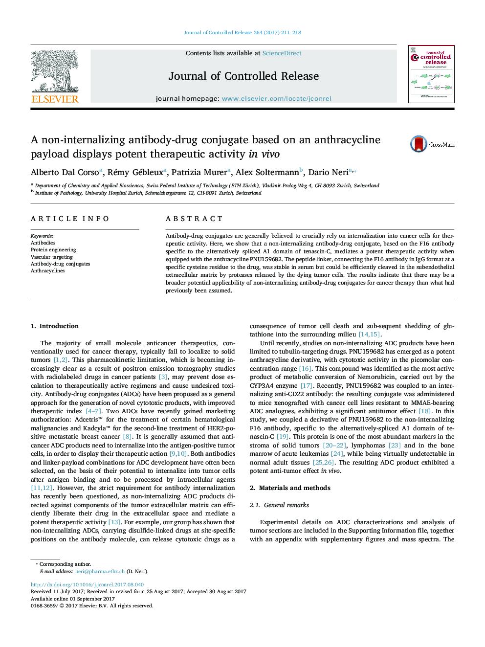 A non-internalizing antibody-drug conjugate based on an anthracycline payload displays potent therapeutic activity in vivo