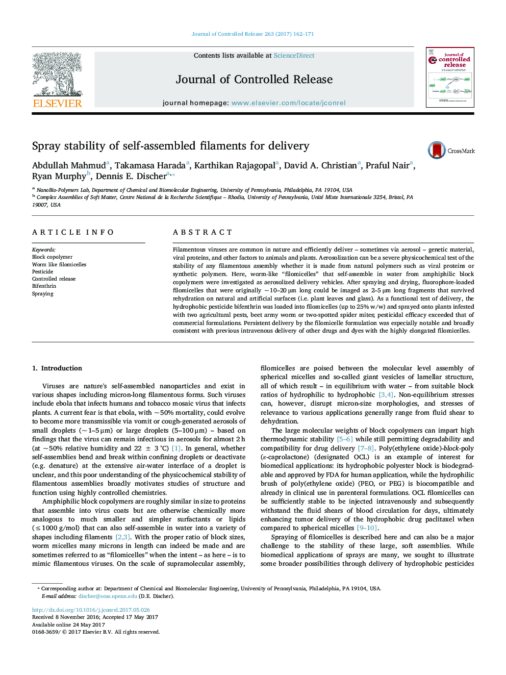 Spray stability of self-assembled filaments for delivery