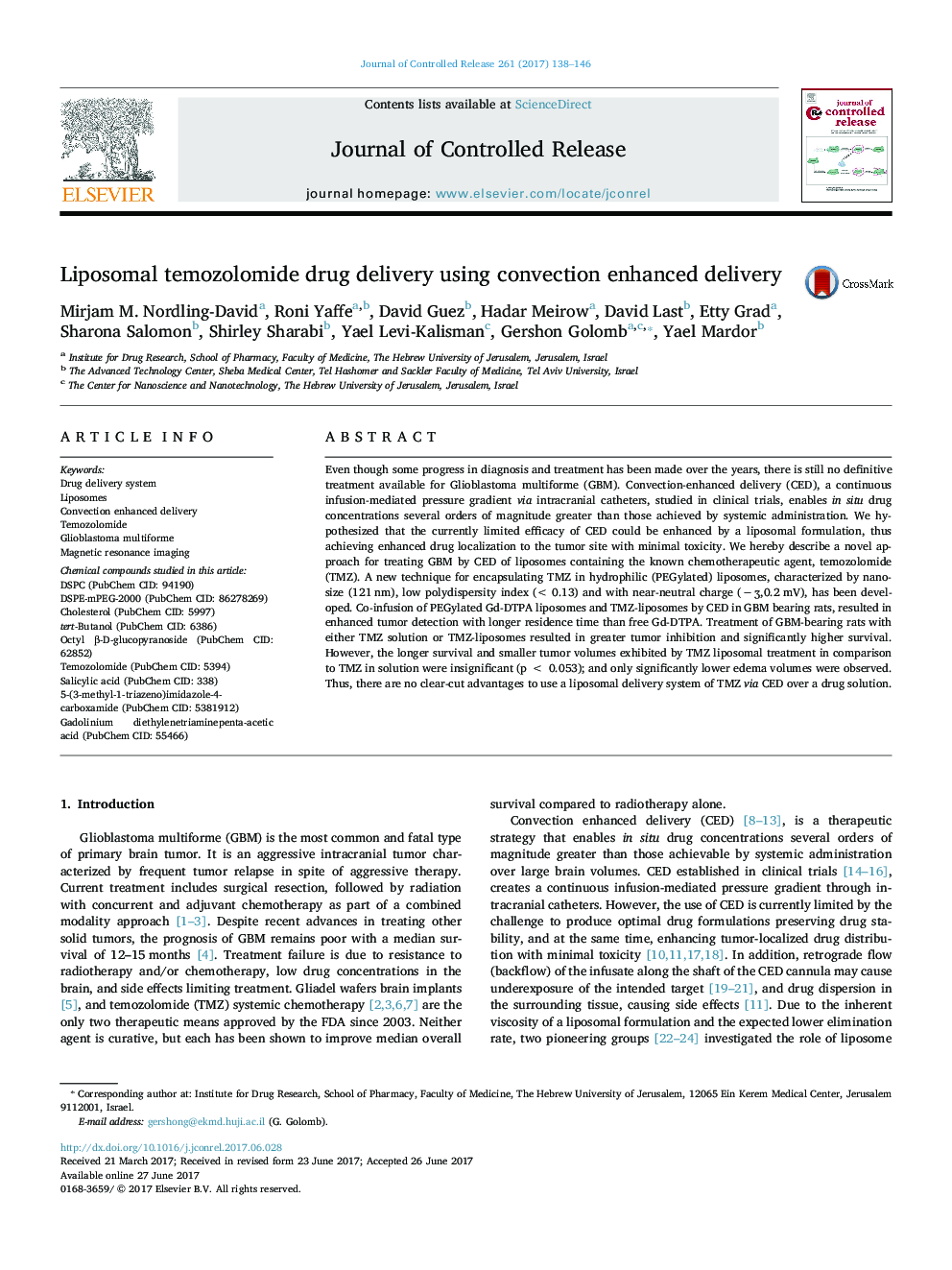 Liposomal temozolomide drug delivery using convection enhanced delivery