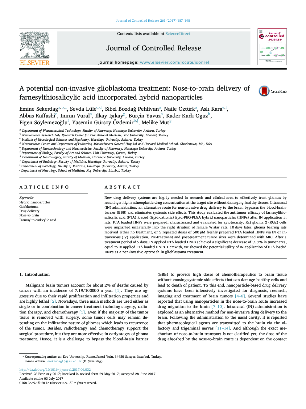 A potential non-invasive glioblastoma treatment: Nose-to-brain delivery of farnesylthiosalicylic acid incorporated hybrid nanoparticles
