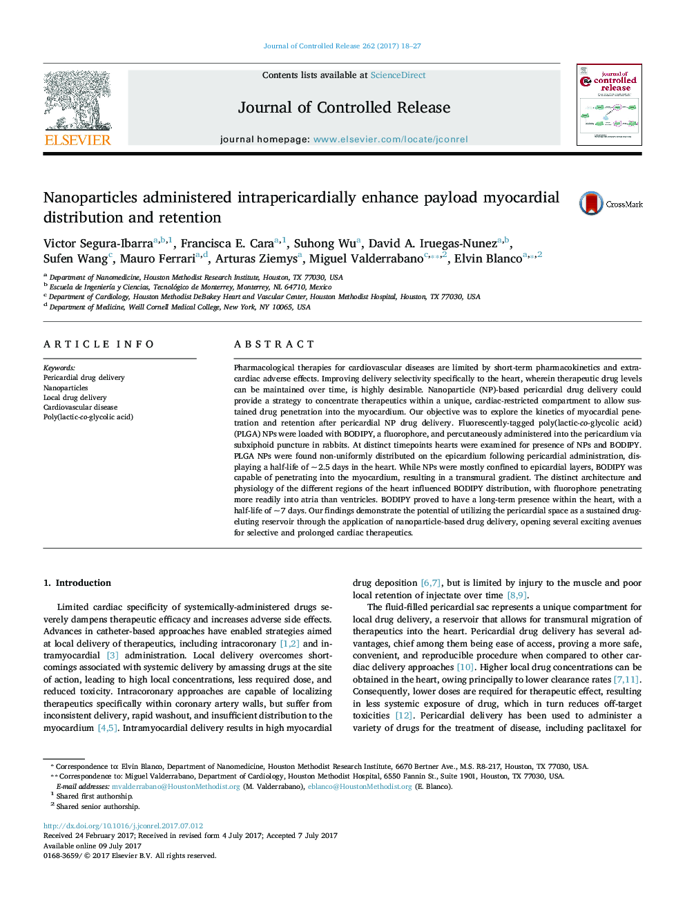 Nanoparticles administered intrapericardially enhance payload myocardial distribution and retention