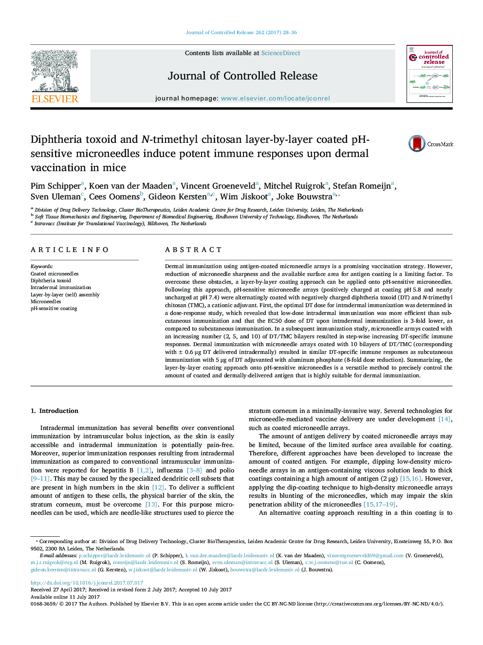 Diphtheria toxoid and N-trimethyl chitosan layer-by-layer coated pH-sensitive microneedles induce potent immune responses upon dermal vaccination in mice