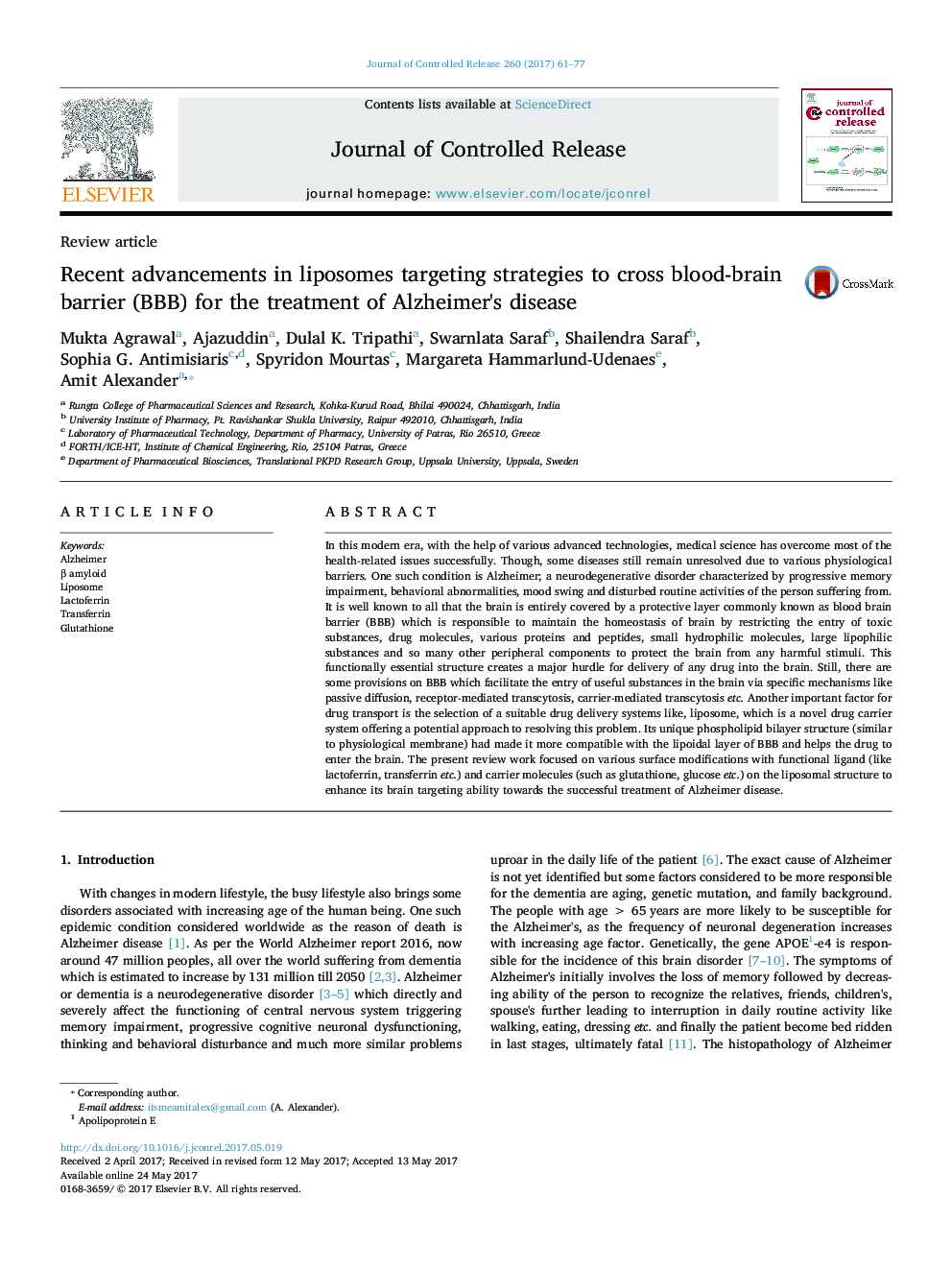 Recent advancements in liposomes targeting strategies to cross blood-brain barrier (BBB) for the treatment of Alzheimer's disease