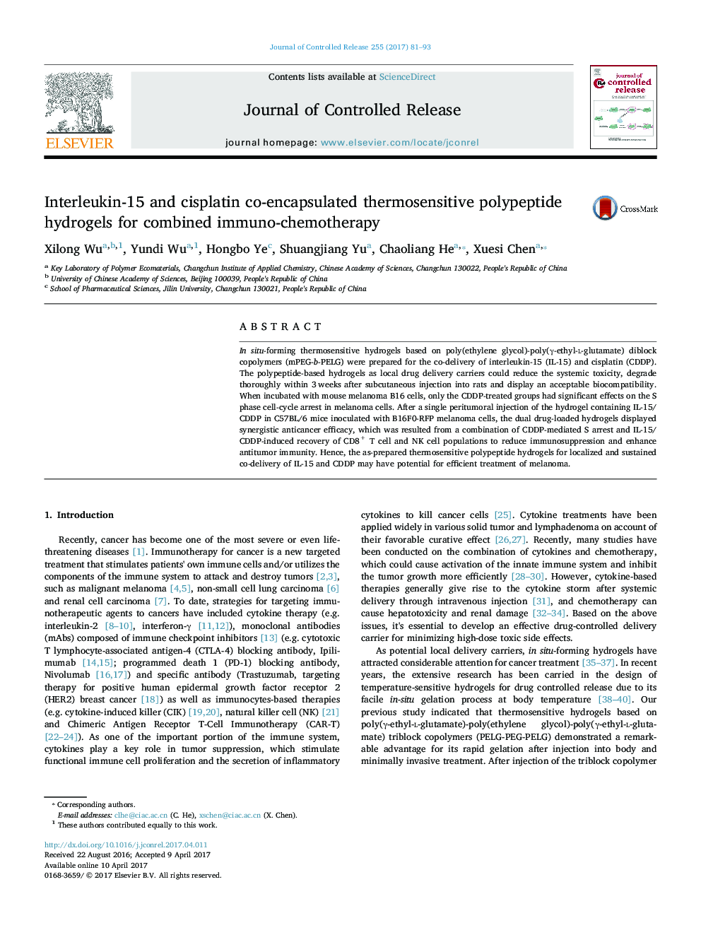 Interleukin-15 and cisplatin co-encapsulated thermosensitive polypeptide hydrogels for combined immuno-chemotherapy