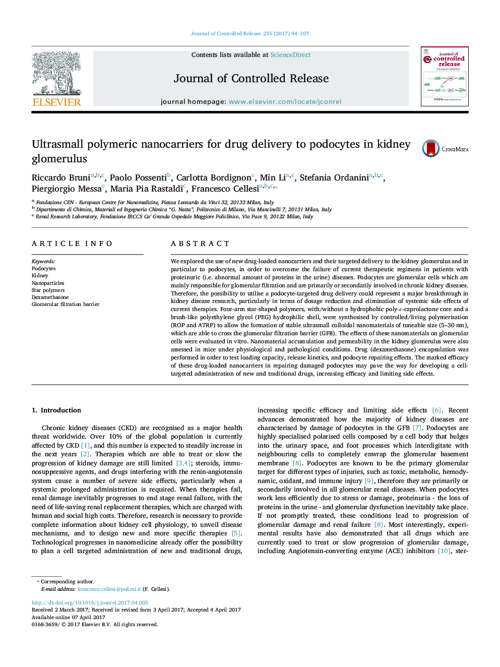 Ultrasmall polymeric nanocarriers for drug delivery to podocytes in kidney glomerulus