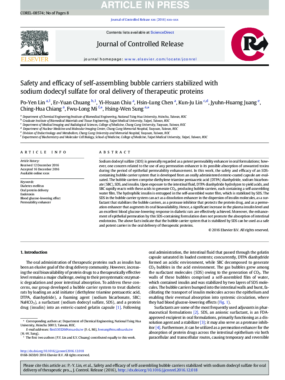 Safety and efficacy of self-assembling bubble carriers stabilized with sodium dodecyl sulfate for oral delivery of therapeutic proteins