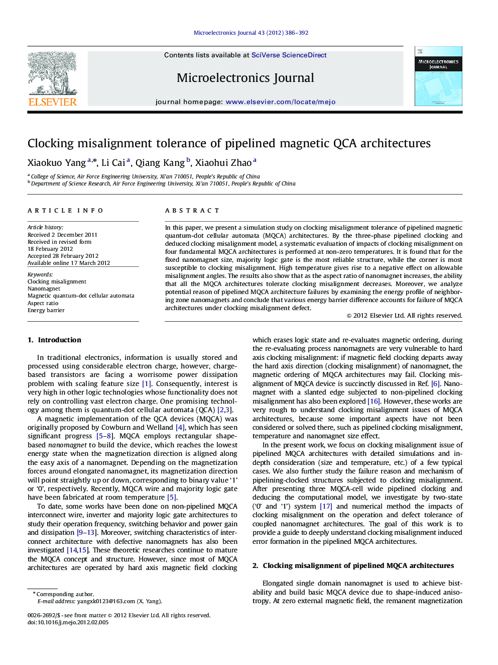 Clocking misalignment tolerance of pipelined magnetic QCA architectures