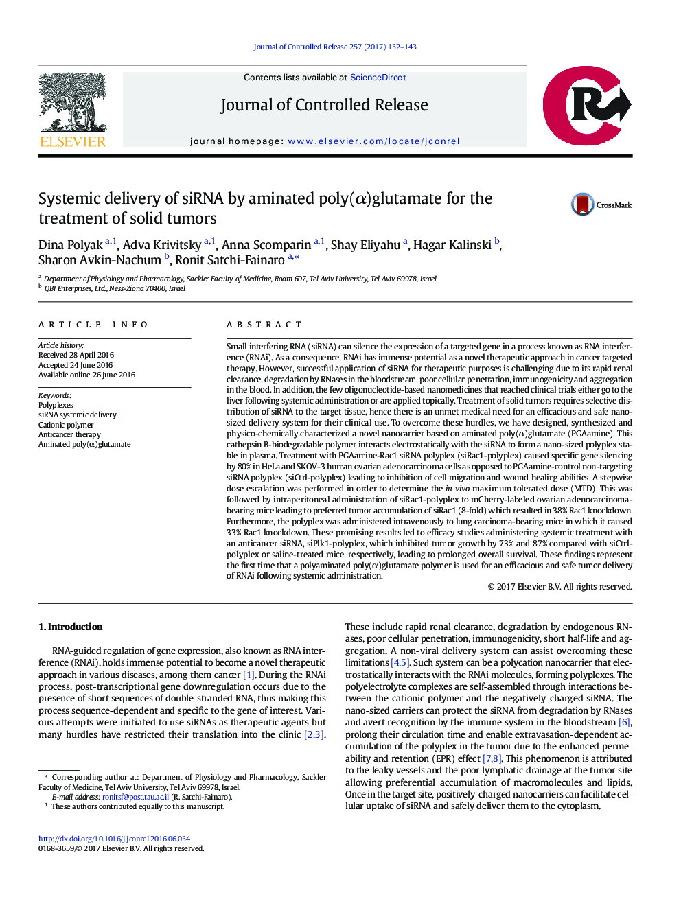 Systemic delivery of siRNA by aminated poly(Î±)glutamate for the treatment of solid tumors