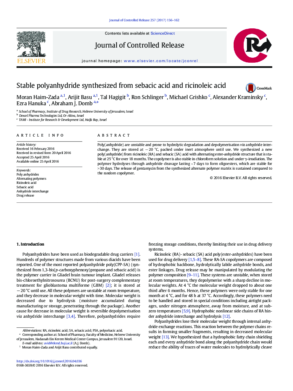 Stable polyanhydride synthesized from sebacic acid and ricinoleic acid