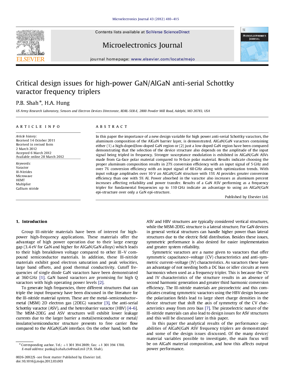 Critical design issues for high-power GaN/AlGaN anti-serial Schottky varactor frequency triplers