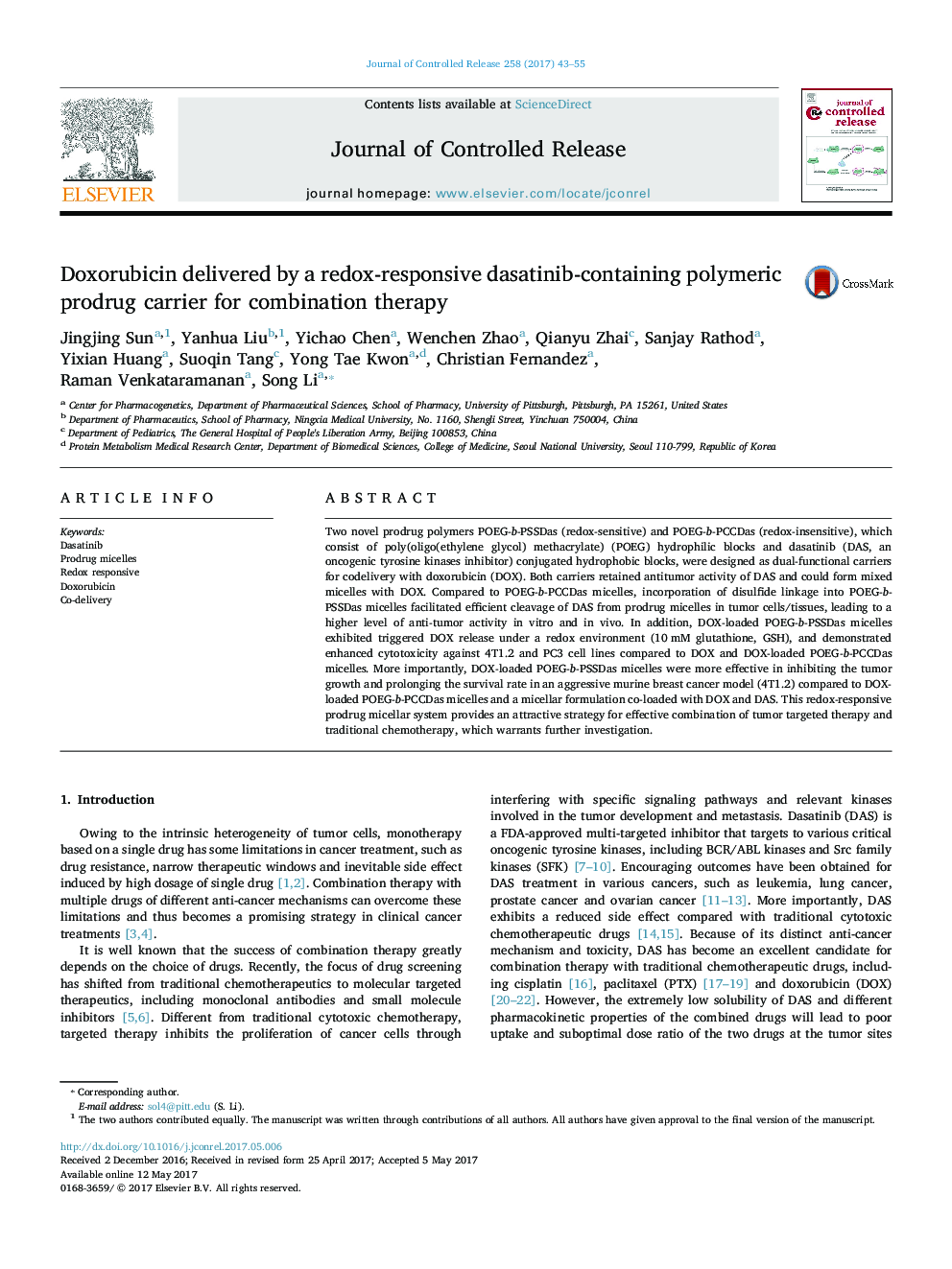 Doxorubicin delivered by a redox-responsive dasatinib-containing polymeric prodrug carrier for combination therapy