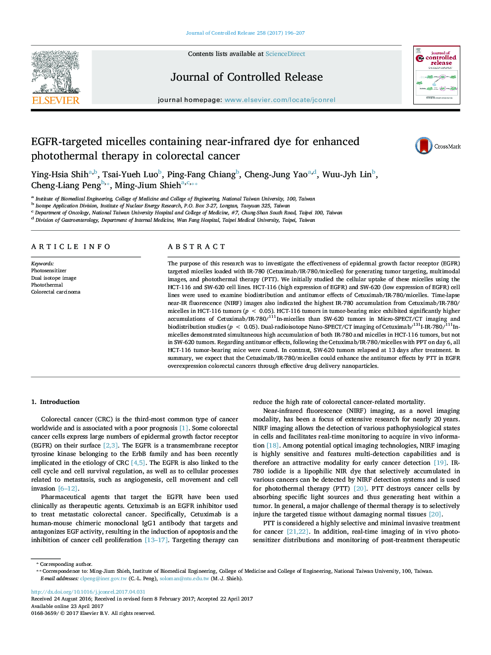 EGFR-targeted micelles containing near-infrared dye for enhanced photothermal therapy in colorectal cancer