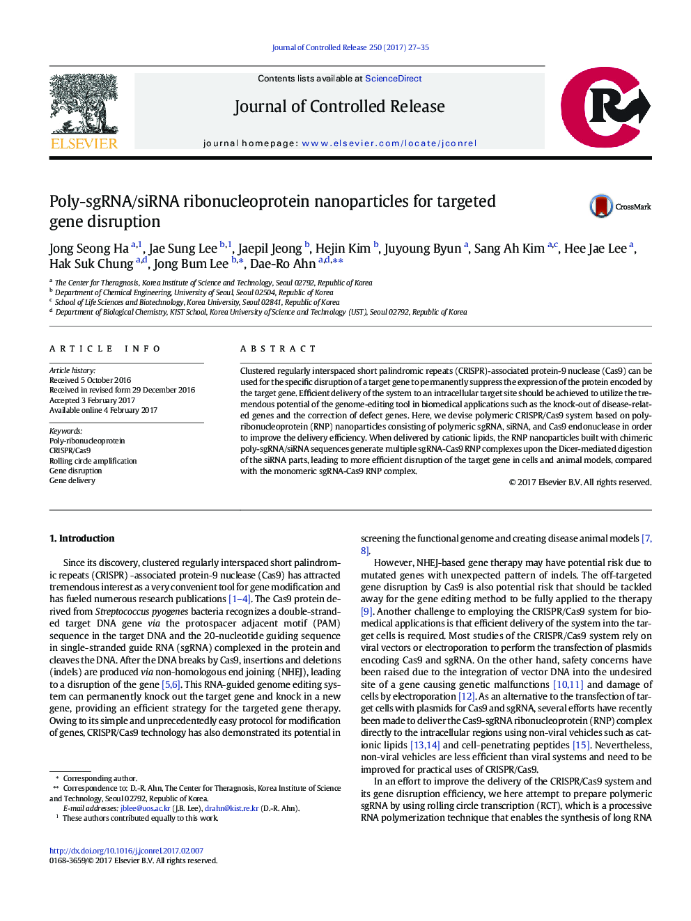 Poly-sgRNA/siRNA ribonucleoprotein nanoparticles for targeted gene disruption