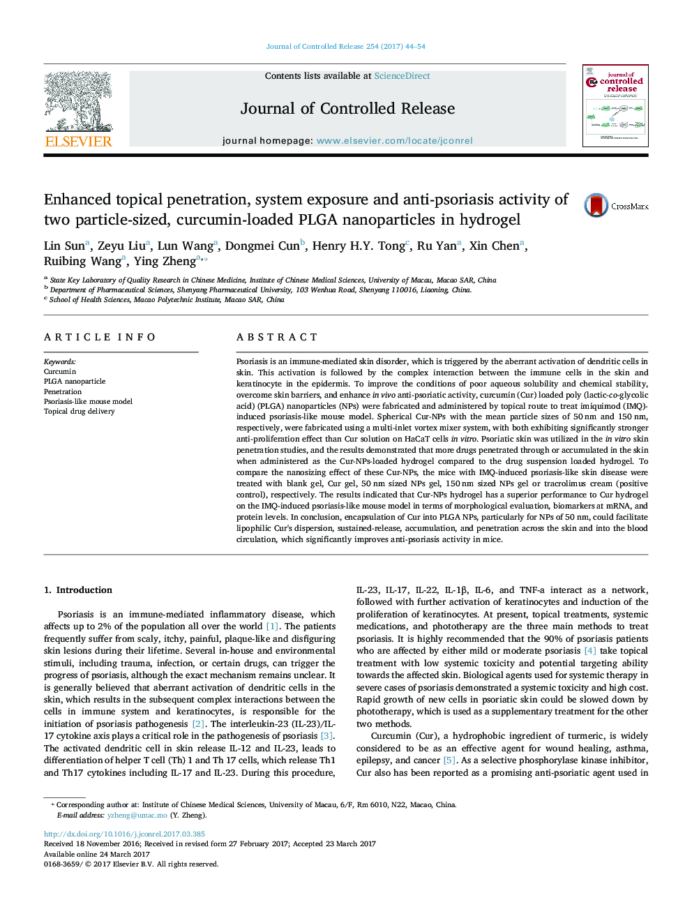 Enhanced topical penetration, system exposure and anti-psoriasis activity of two particle-sized, curcumin-loaded PLGA nanoparticles in hydrogel