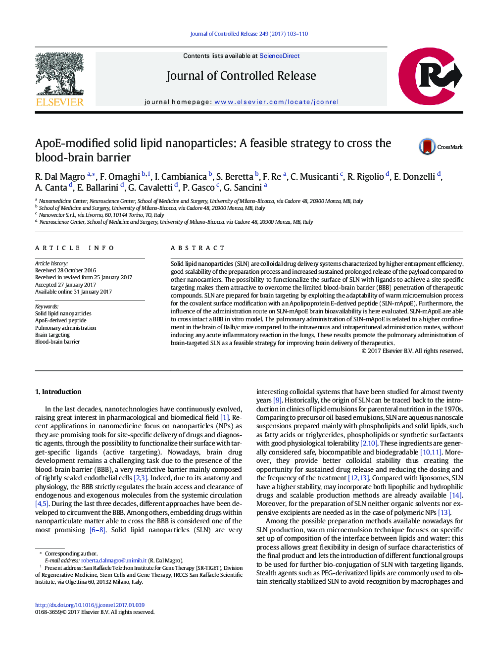 ApoE-modified solid lipid nanoparticles: A feasible strategy to cross the blood-brain barrier