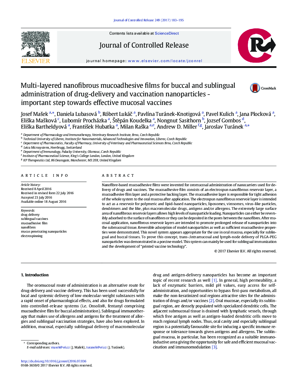 Multi-layered nanofibrous mucoadhesive films for buccal and sublingual administration of drug-delivery and vaccination nanoparticles - important step towards effective mucosal vaccines