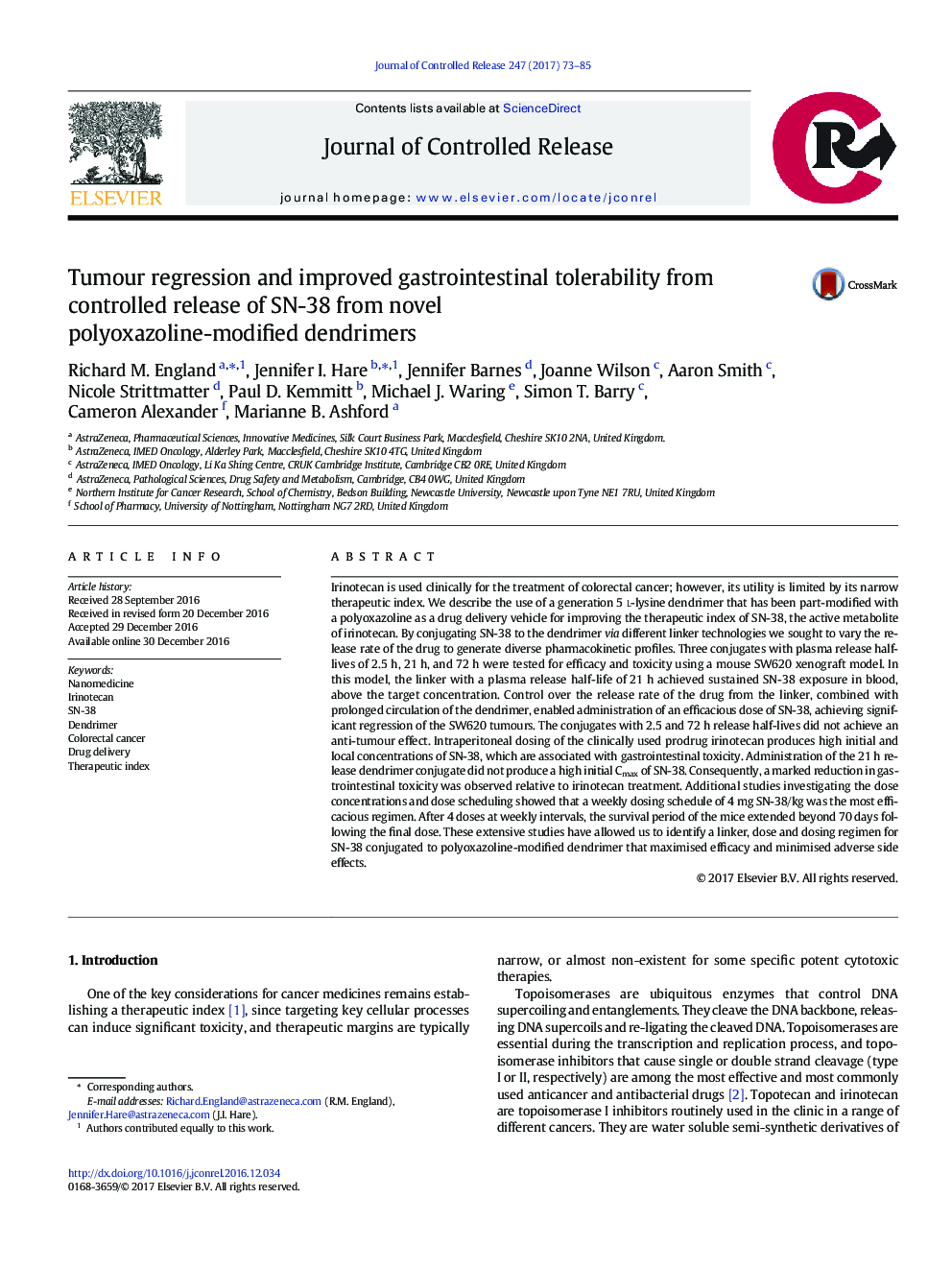 Tumour regression and improved gastrointestinal tolerability from controlled release of SN-38 from novel polyoxazoline-modified dendrimers