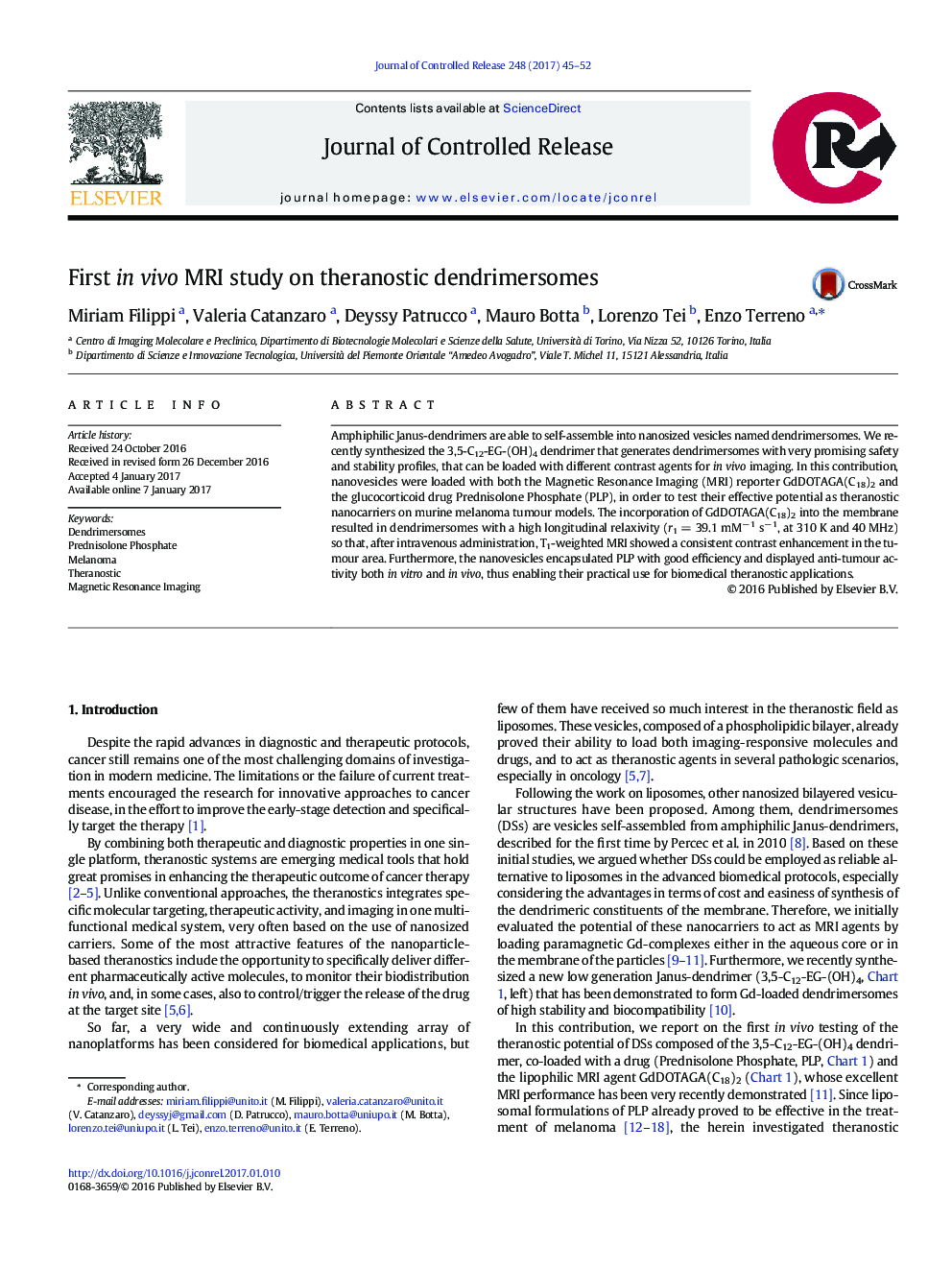 First in vivo MRI study on theranostic dendrimersomes