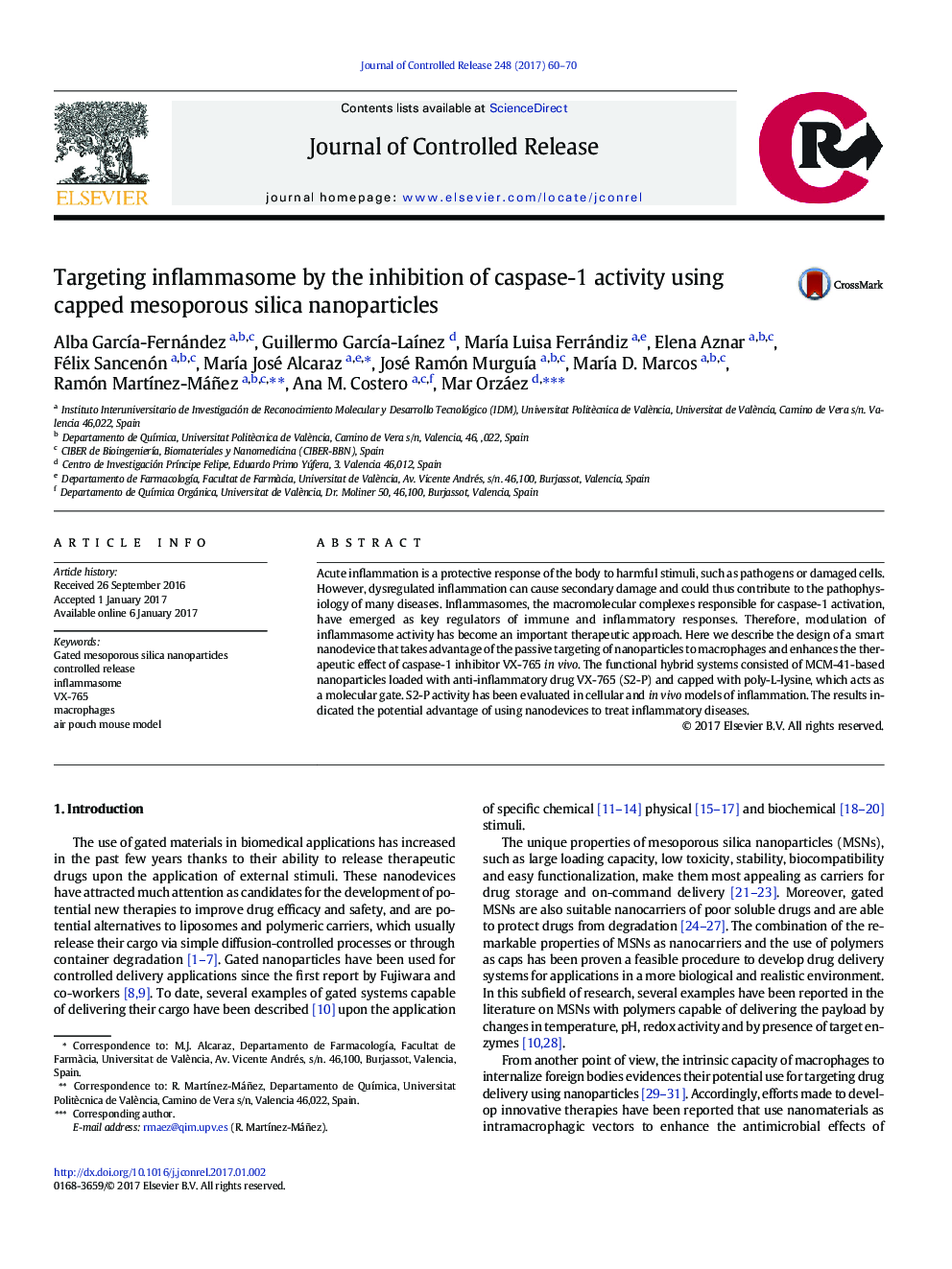 Targeting inflammasome by the inhibition of caspase-1 activity using capped mesoporous silica nanoparticles