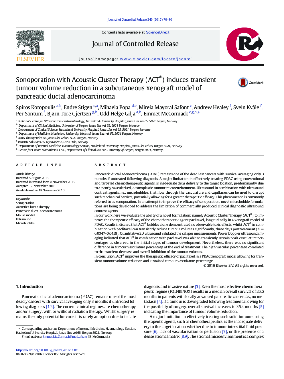 Sonoporation with Acoustic Cluster Therapy (ACT®) induces transient tumour volume reduction in a subcutaneous xenograft model of pancreatic ductal adenocarcinoma