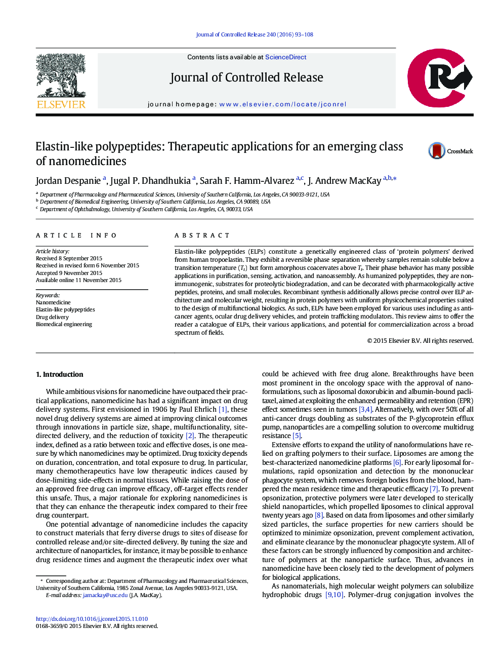 پلی پپتید های مشابه الاستین: کاربرد های درمانی برای یک کلاس در حال ظهور نانومواد 