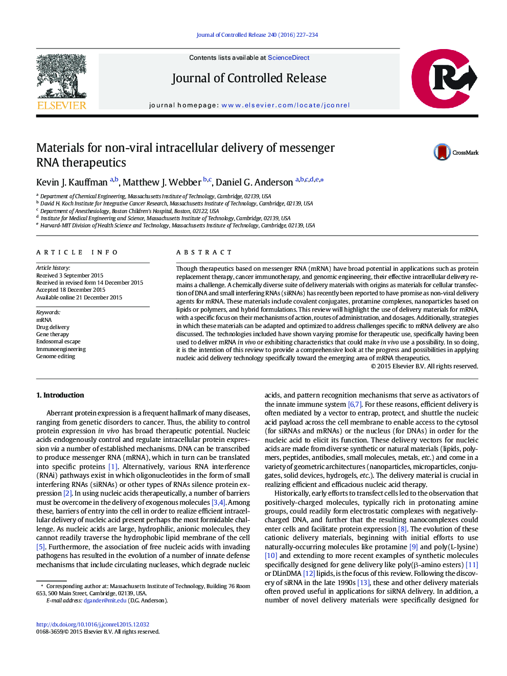 Materials for non-viral intracellular delivery of messenger RNA therapeutics