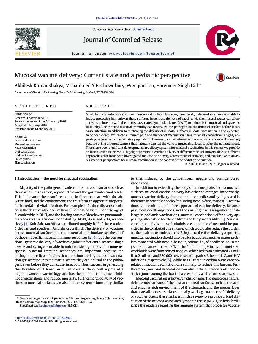 Mucosal vaccine delivery: Current state and a pediatric perspective