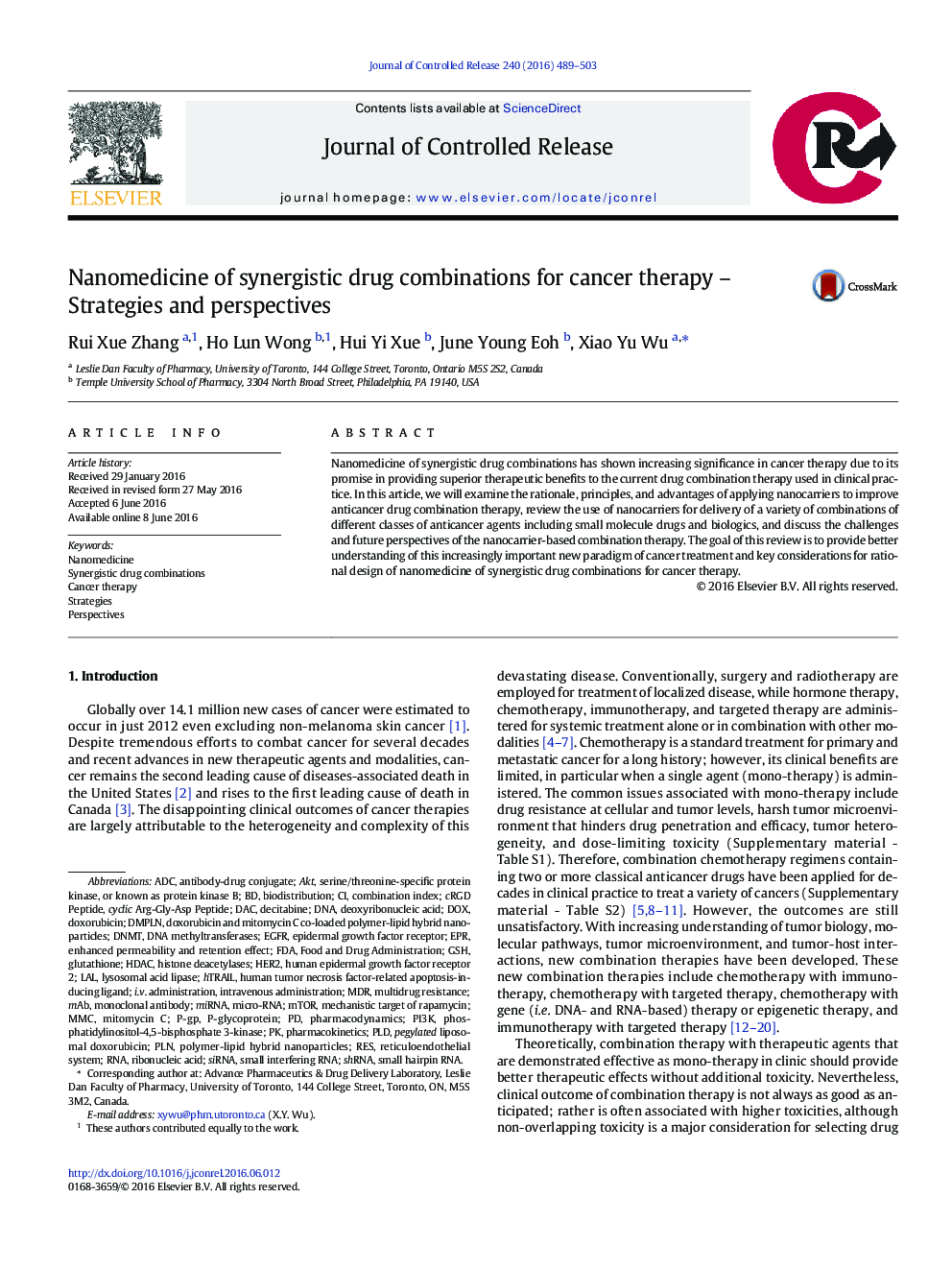 Nanomedicine of synergistic drug combinations for cancer therapy - Strategies and perspectives