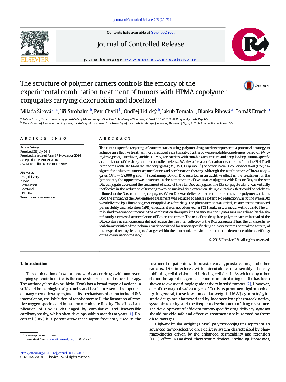 The structure of polymer carriers controls the efficacy of the experimental combination treatment of tumors with HPMA copolymer conjugates carrying doxorubicin and docetaxel