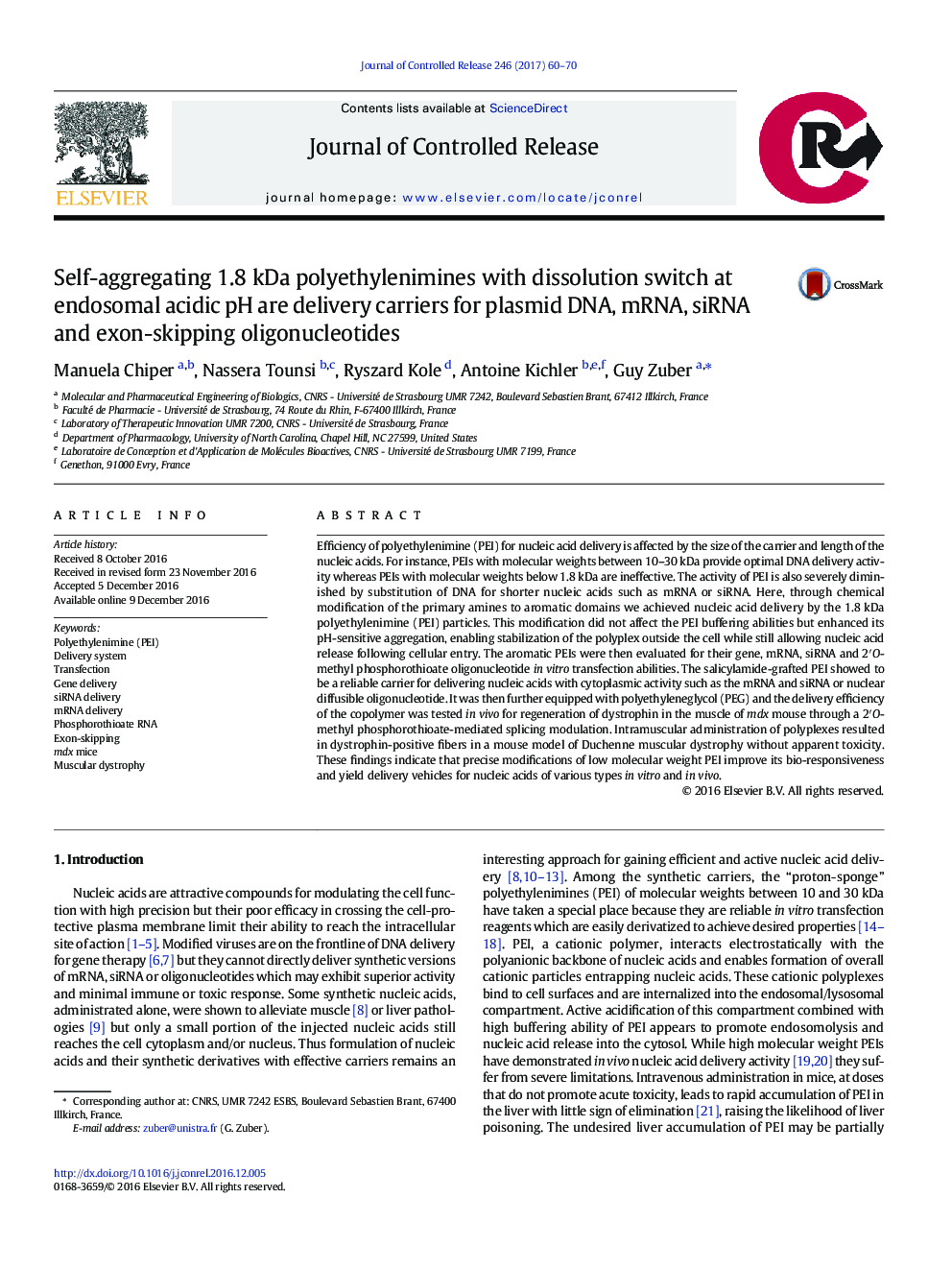 Self-aggregating 1.8 kDa polyethylenimines with dissolution switch at endosomal acidic pH are delivery carriers for plasmid DNA, mRNA, siRNA and exon-skipping oligonucleotides