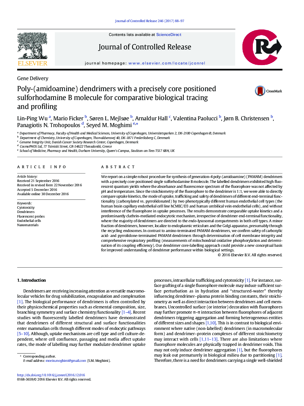 Poly-(amidoamine) dendrimers with a precisely core positioned sulforhodamine B molecule for comparative biological tracing and profiling