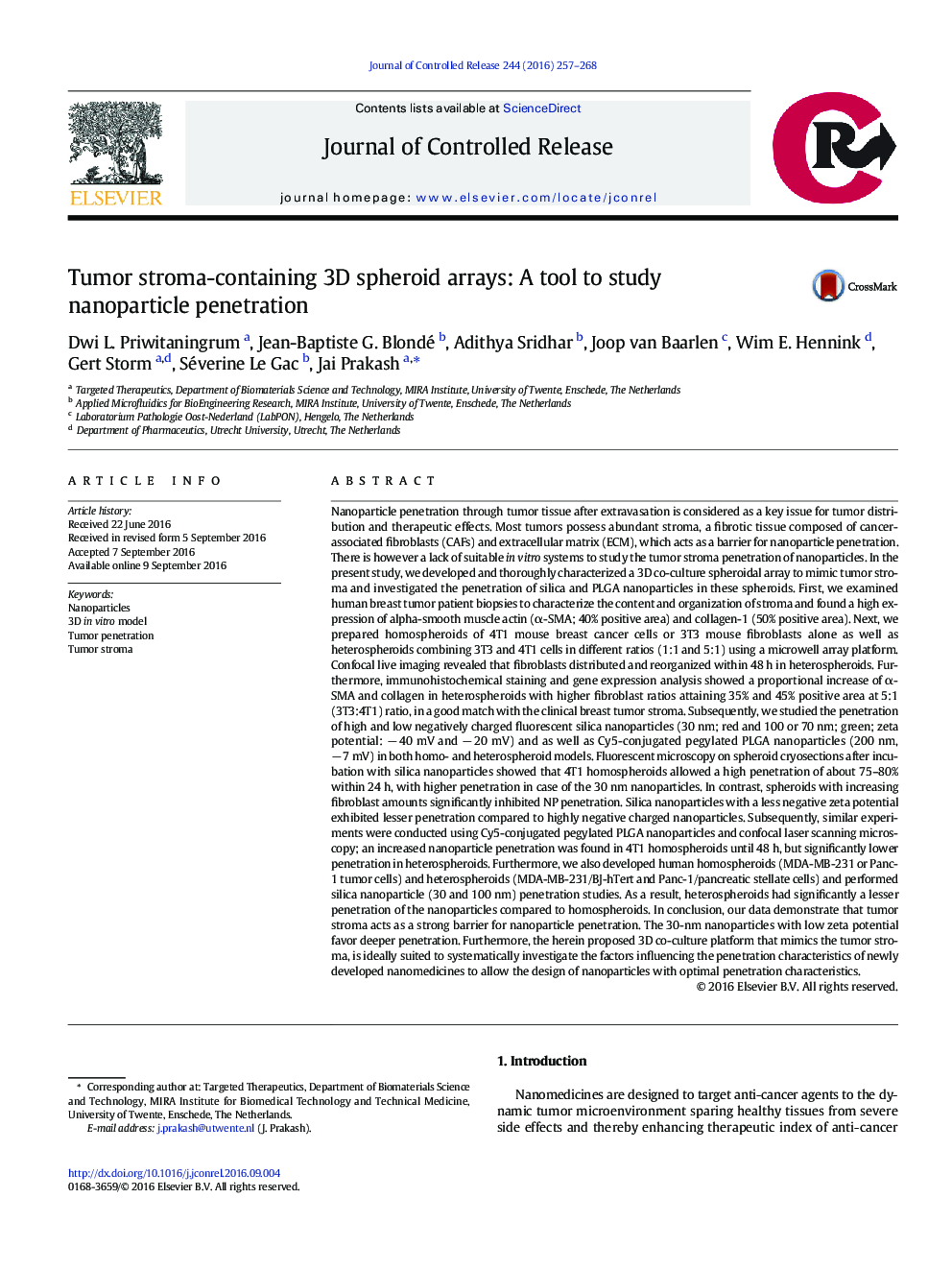 Tumor stroma-containing 3D spheroid arrays: A tool to study nanoparticle penetration