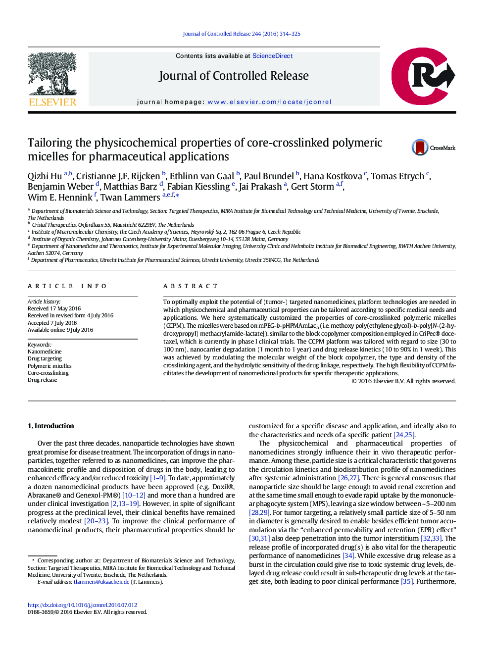 Tailoring the physicochemical properties of core-crosslinked polymeric micelles for pharmaceutical applications