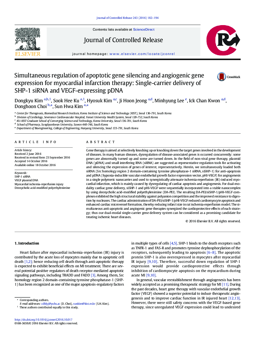 Simultaneous regulation of apoptotic gene silencing and angiogenic gene expression for myocardial infarction therapy: Single-carrier delivery of SHP-1 siRNA and VEGF-expressing pDNA