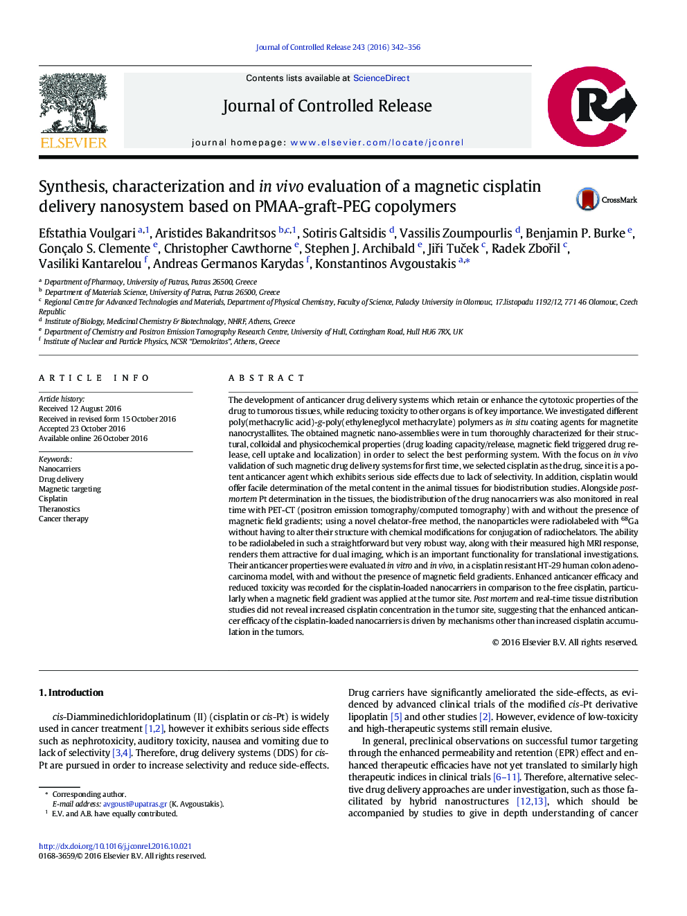 Synthesis, characterization and in vivo evaluation of a magnetic cisplatin delivery nanosystem based on PMAA-graft-PEG copolymers