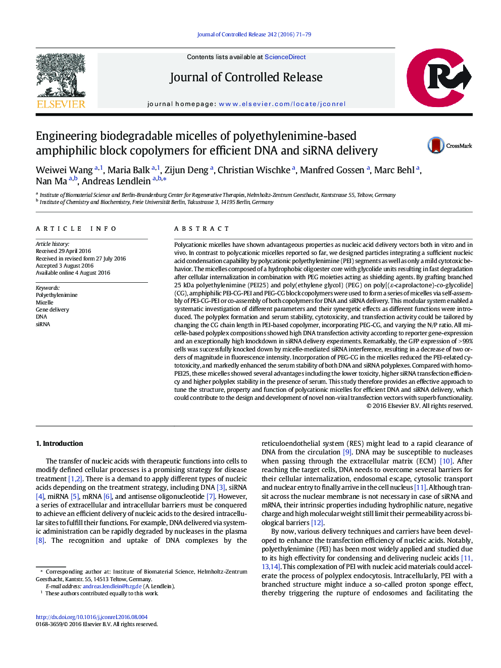 Engineering biodegradable micelles of polyethylenimine-based amphiphilic block copolymers for efficient DNA and siRNA delivery