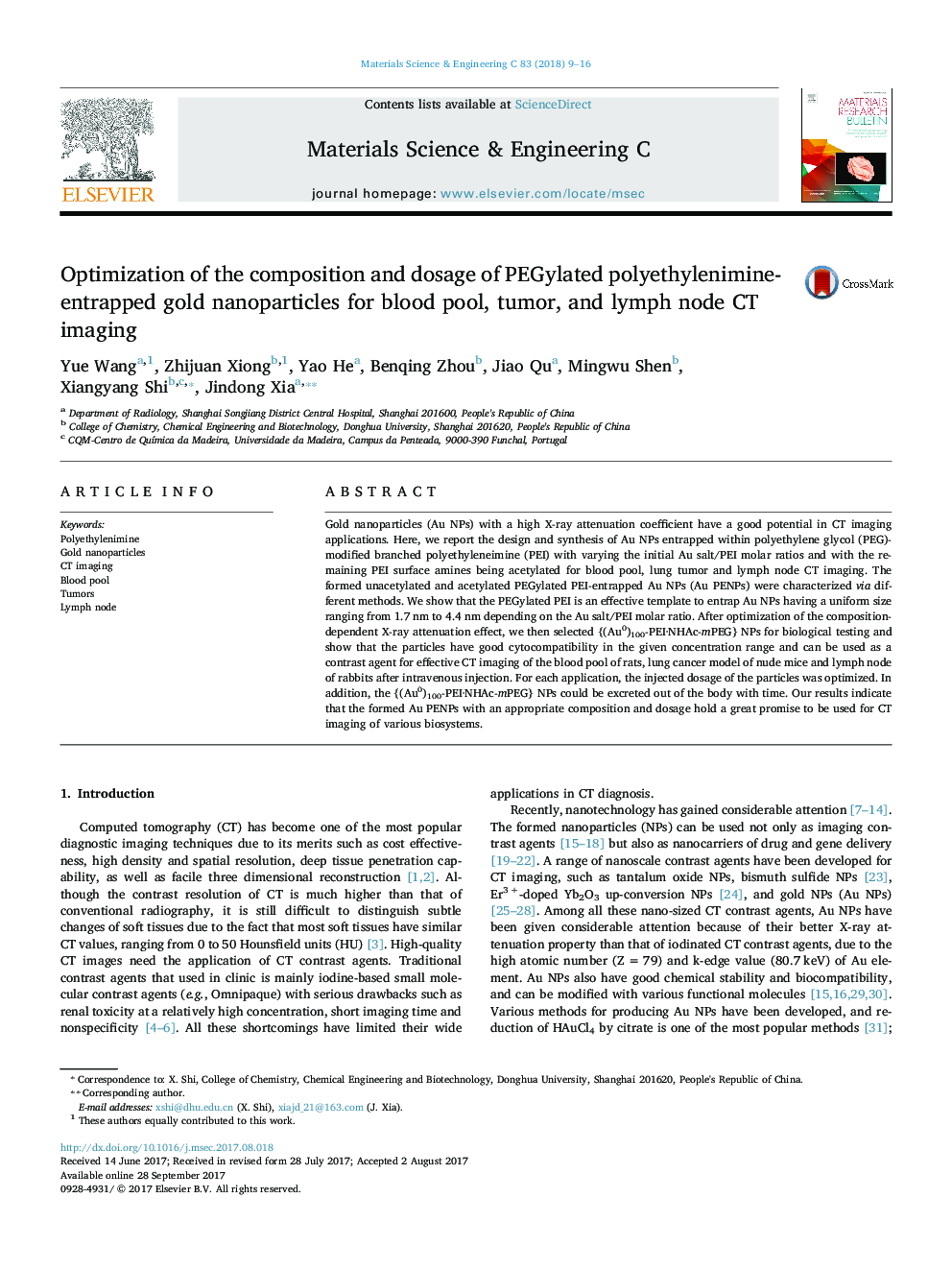 Optimization of the composition and dosage of PEGylated polyethylenimine-entrapped gold nanoparticles for blood pool, tumor, and lymph node CT imaging