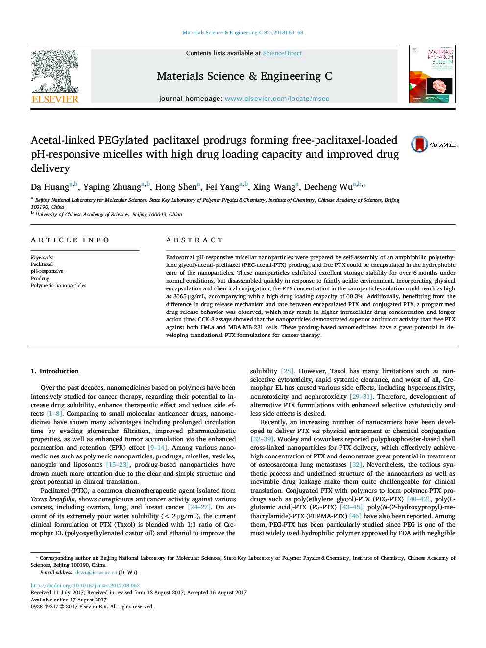 Acetal-linked PEGylated paclitaxel prodrugs forming free-paclitaxel-loaded pH-responsive micelles with high drug loading capacity and improved drug delivery
