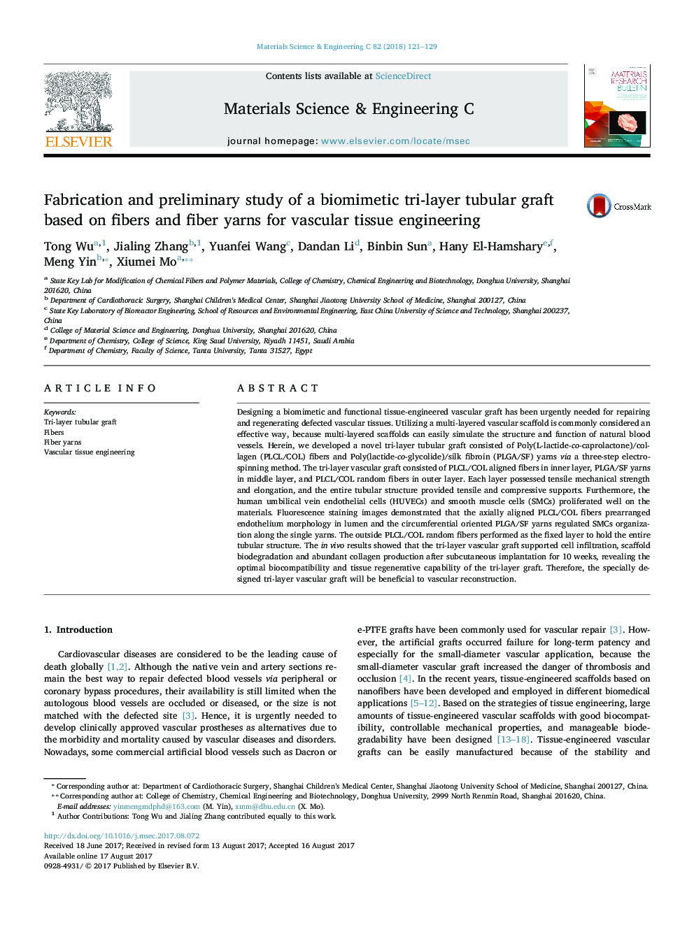 Fabrication and preliminary study of a biomimetic tri-layer tubular graft based on fibers and fiber yarns for vascular tissue engineering