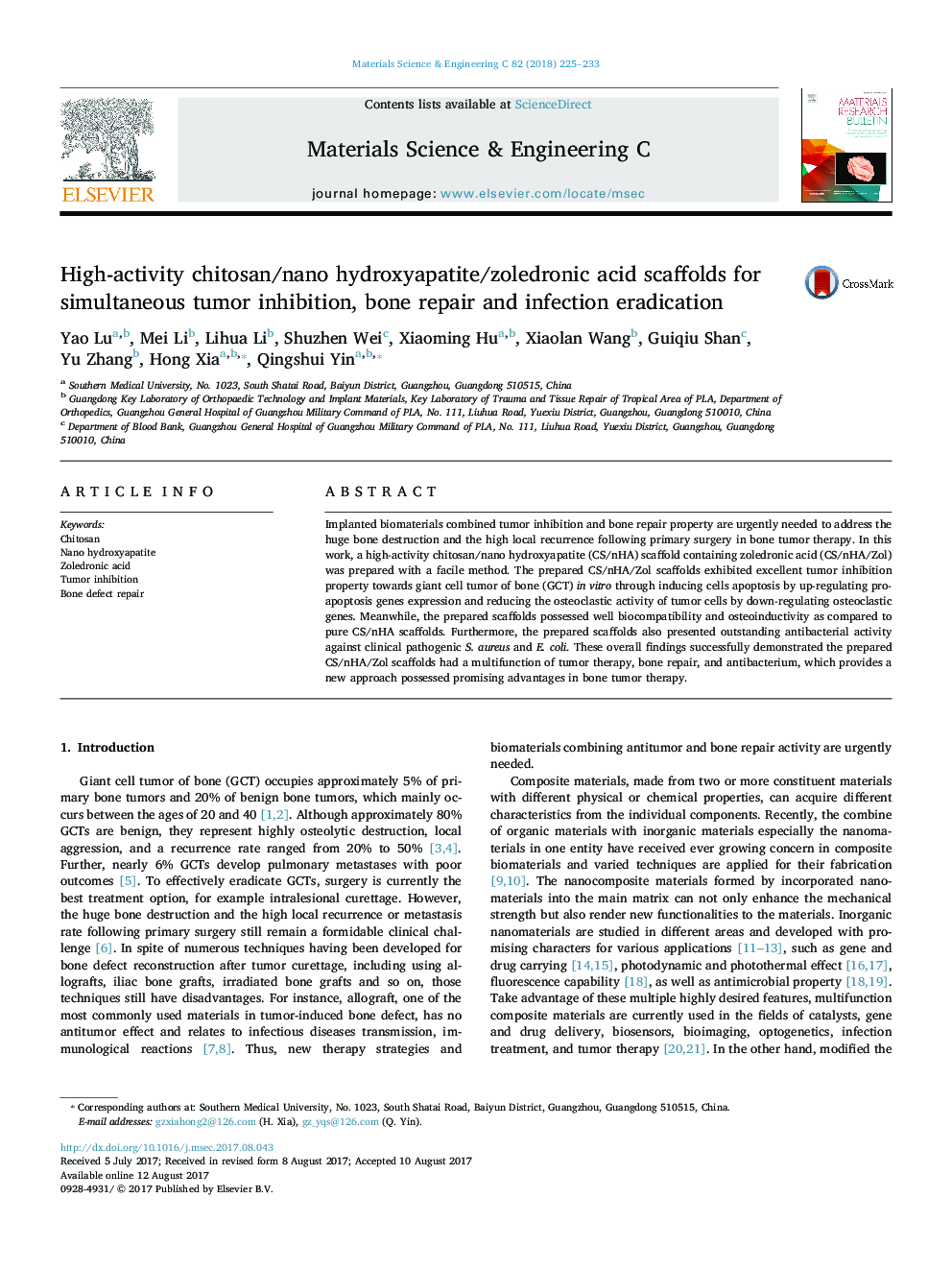 High-activity chitosan/nano hydroxyapatite/zoledronic acid scaffolds for simultaneous tumor inhibition, bone repair and infection eradication