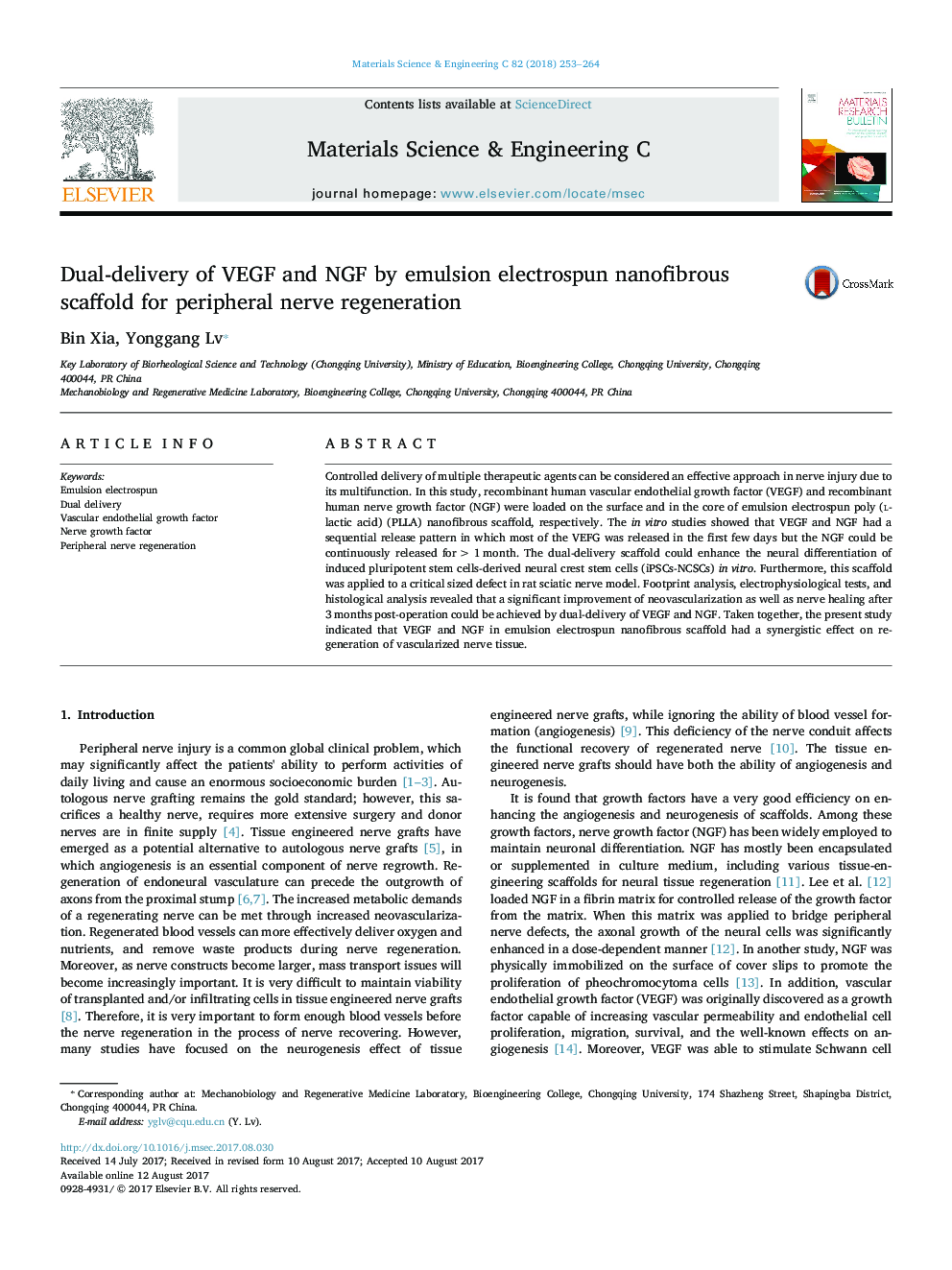 Dual-delivery of VEGF and NGF by emulsion electrospun nanofibrous scaffold for peripheral nerve regeneration