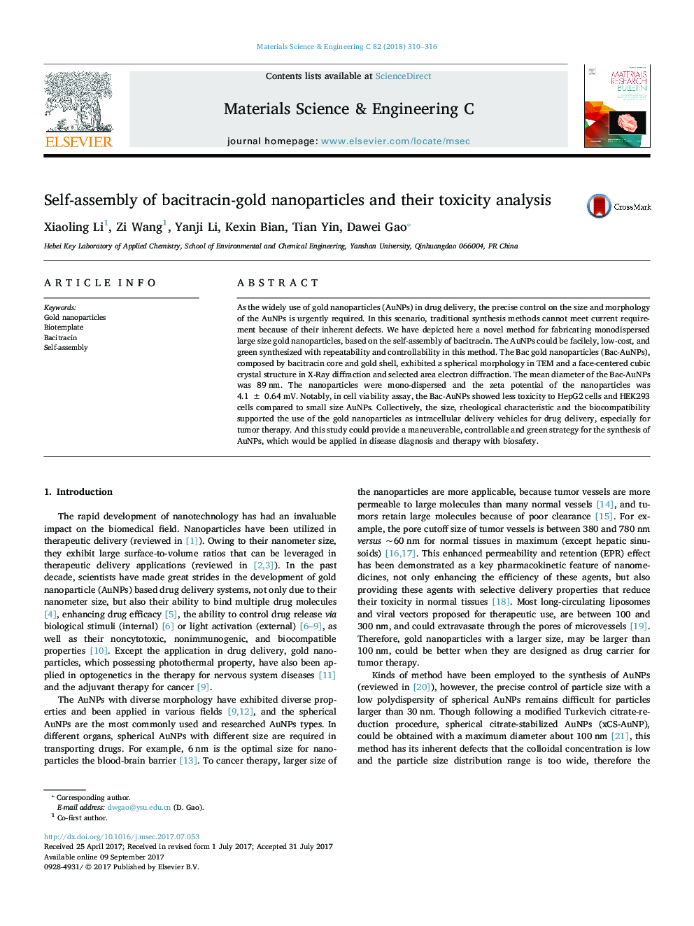 Self-assembly of bacitracin-gold nanoparticles and their toxicity analysis