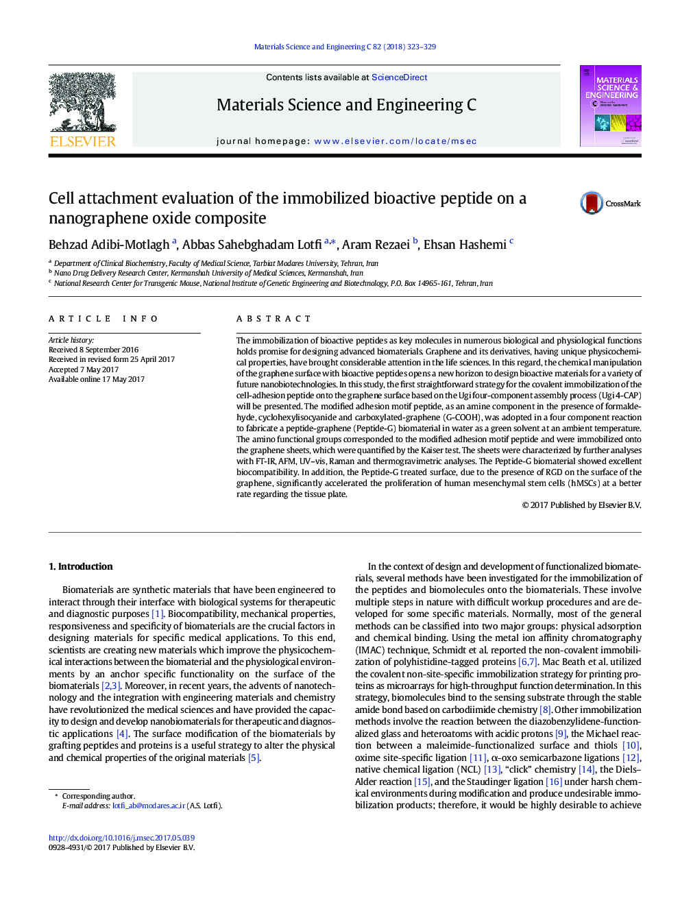 Cell attachment evaluation of the immobilized bioactive peptide on a nanographene oxide composite