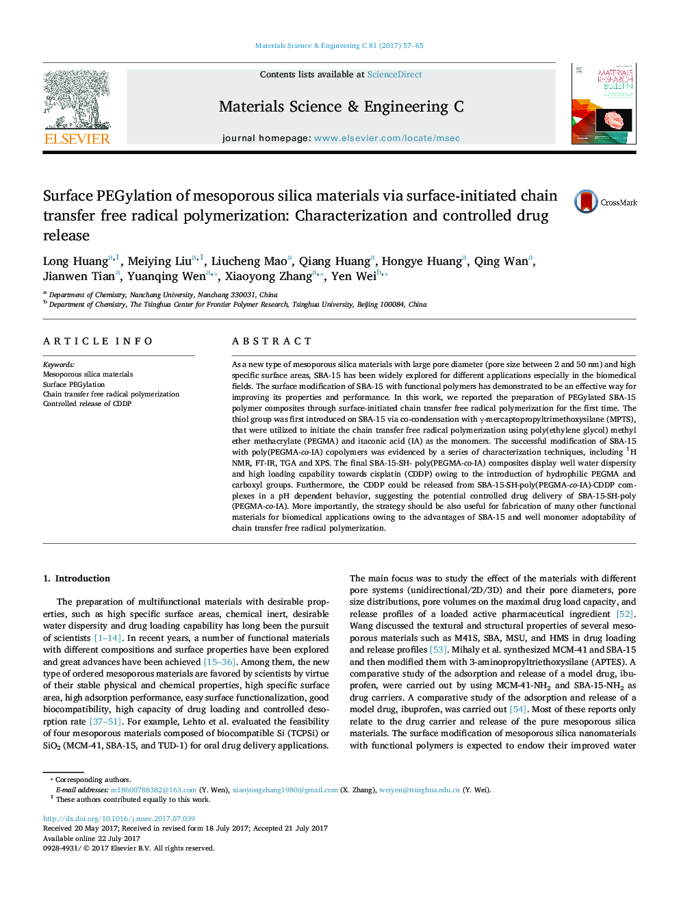 عکس صفحه اول مقاله: Surface PEGylation of mesoporous silica materials via surface-initiated chain transfer free radical polymerization: Characterization and controlled drug release Surface PEGylation of mesoporous silica materials via surface-initiated chain transfer free radical polymerization: Characterization and controlled drug release