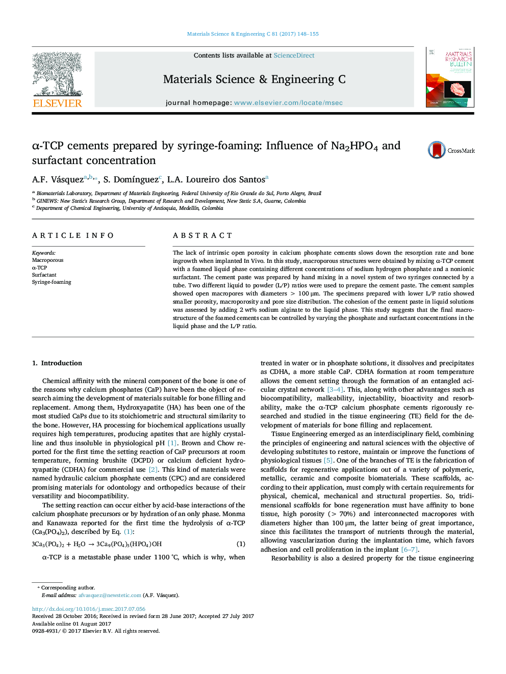 Î±-TCP cements prepared by syringe-foaming: Influence of Na2HPO4 and surfactant concentration