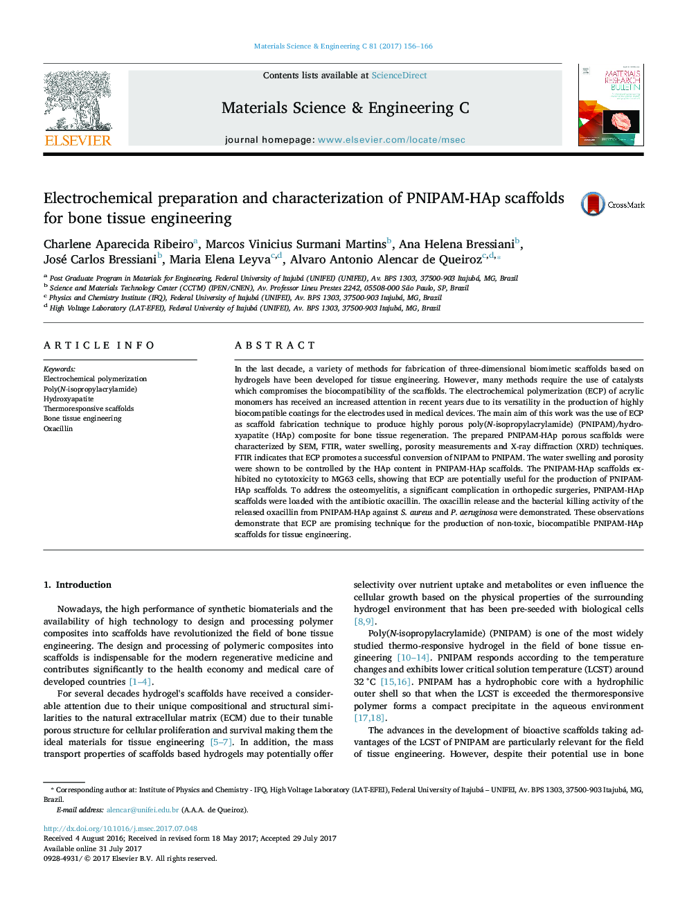 Electrochemical preparation and characterization of PNIPAM-HAp scaffolds for bone tissue engineering