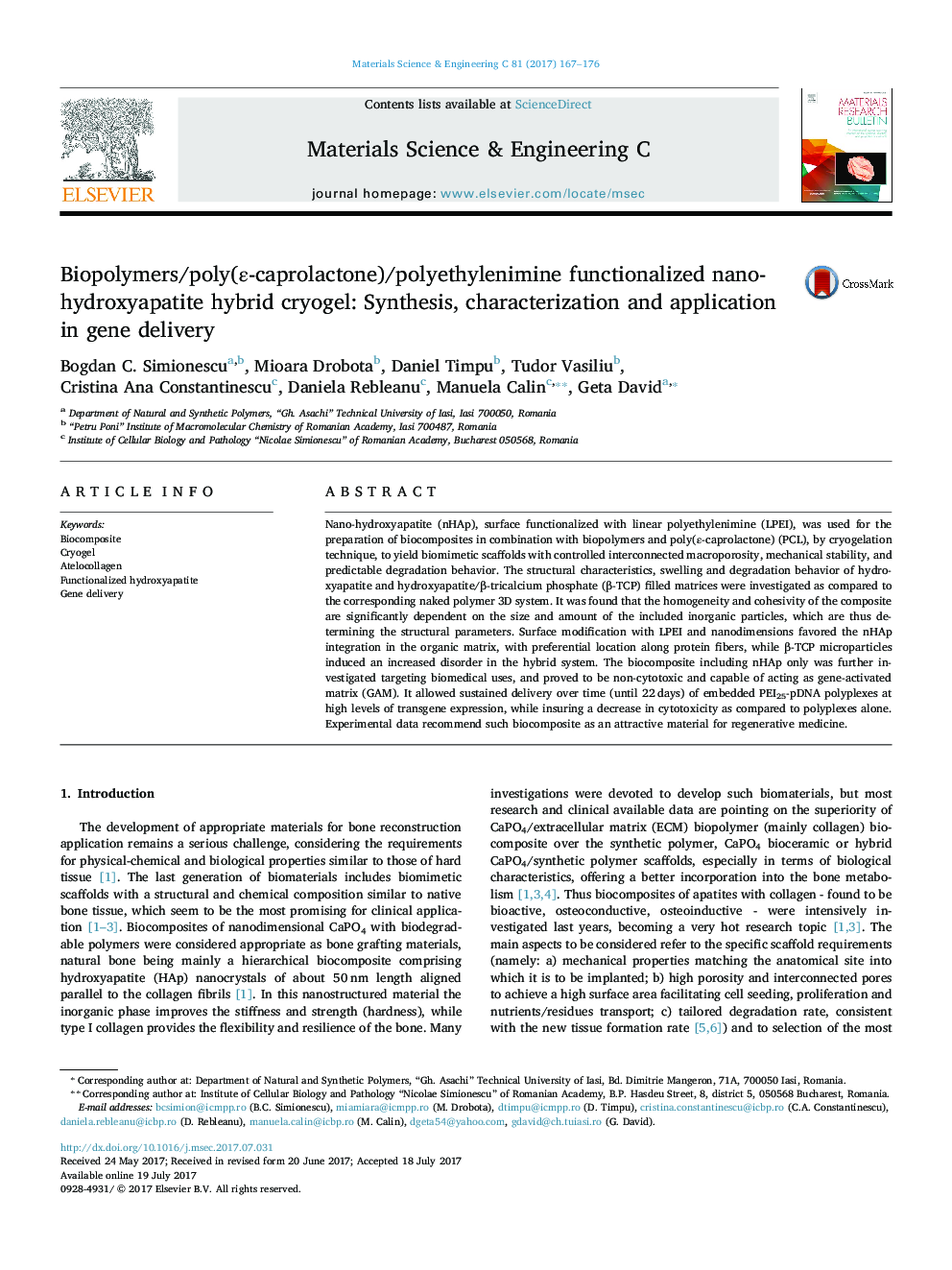 Biopolymers/poly(Îµ-caprolactone)/polyethylenimine functionalized nano-hydroxyapatite hybrid cryogel: Synthesis, characterization and application in gene delivery