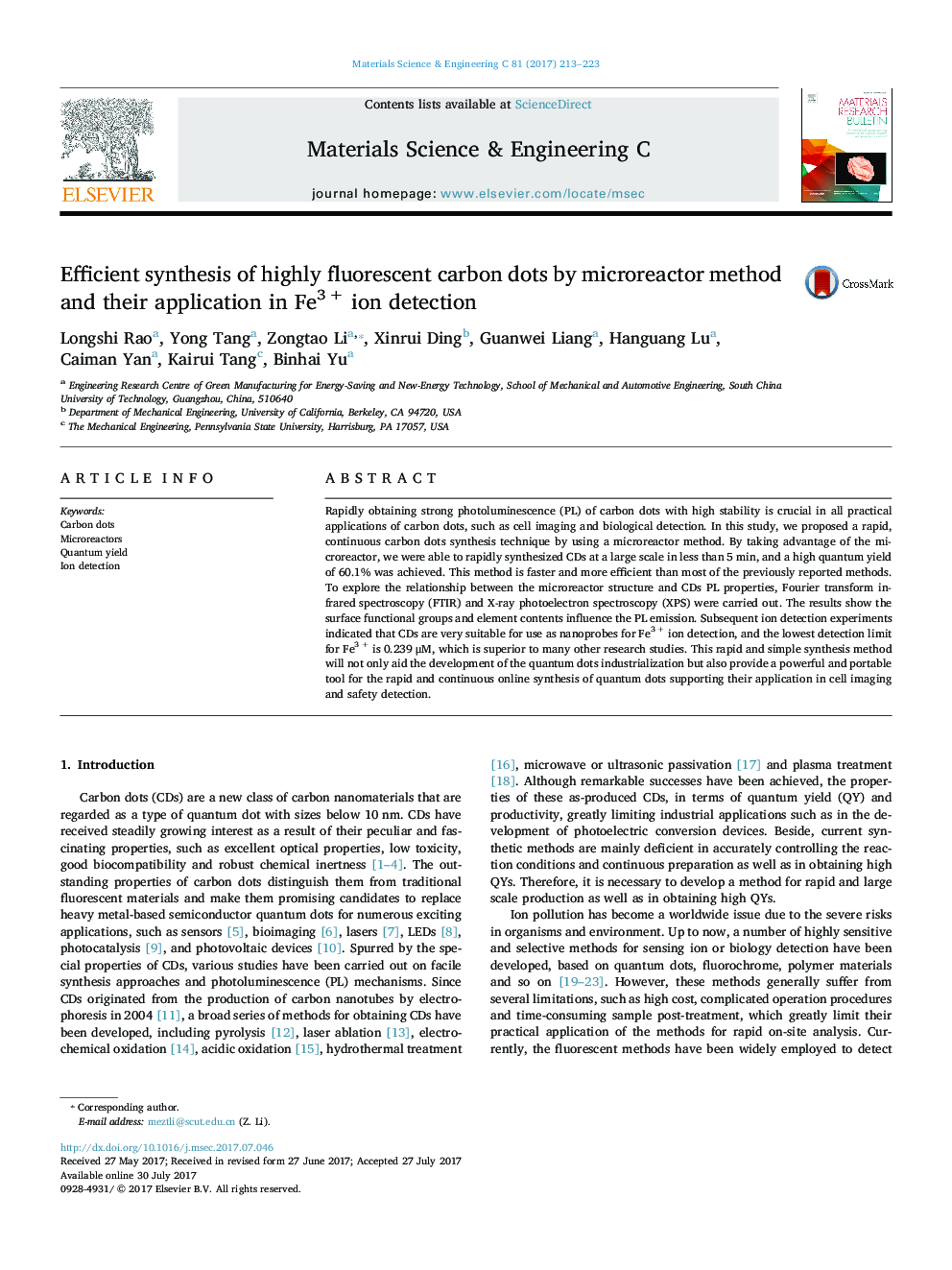 Efficient synthesis of highly fluorescent carbon dots by microreactor method and their application in Fe3 + ion detection